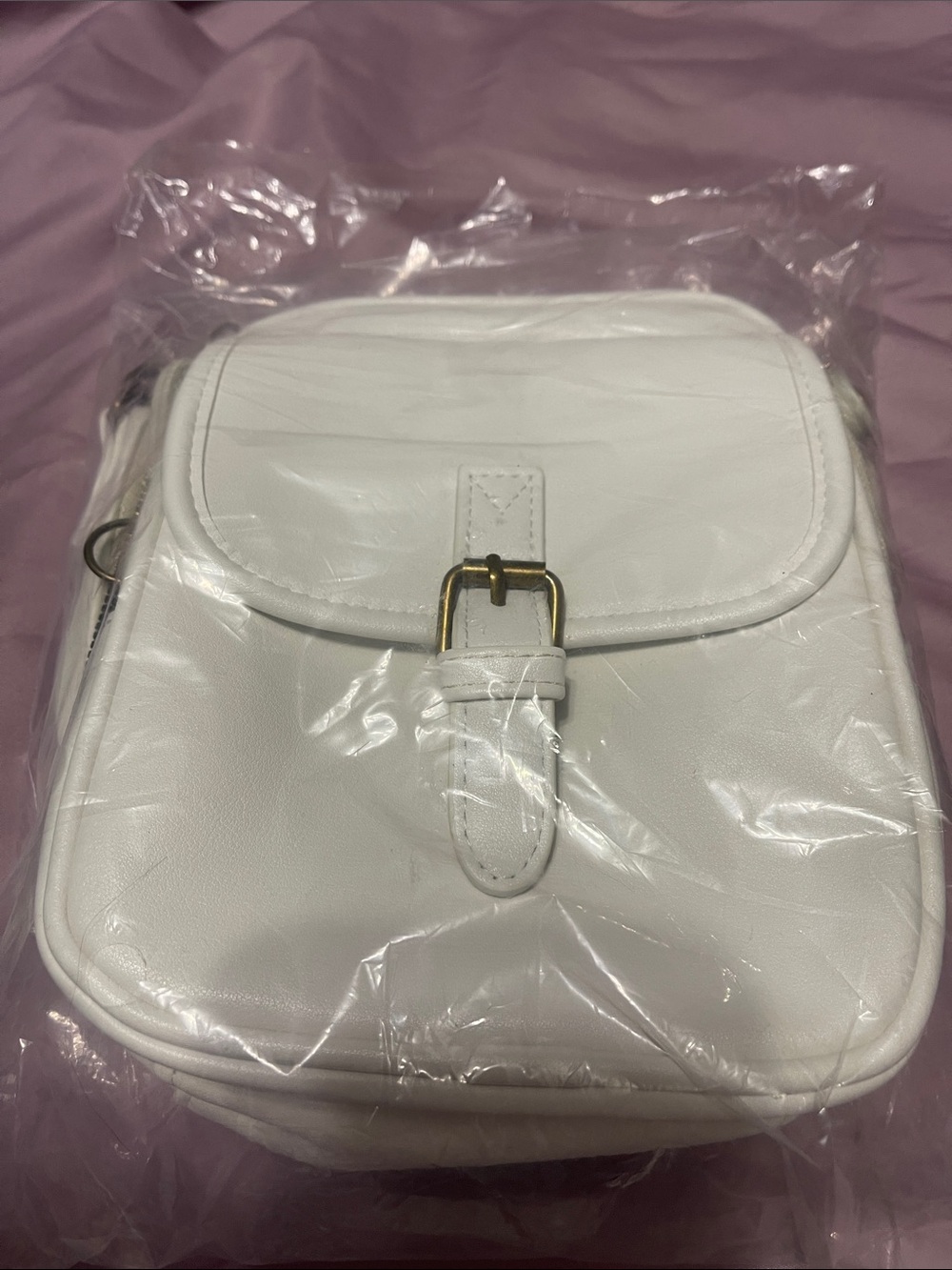 Women’s White Faux Leather Crossbody Bag with Front Buckle